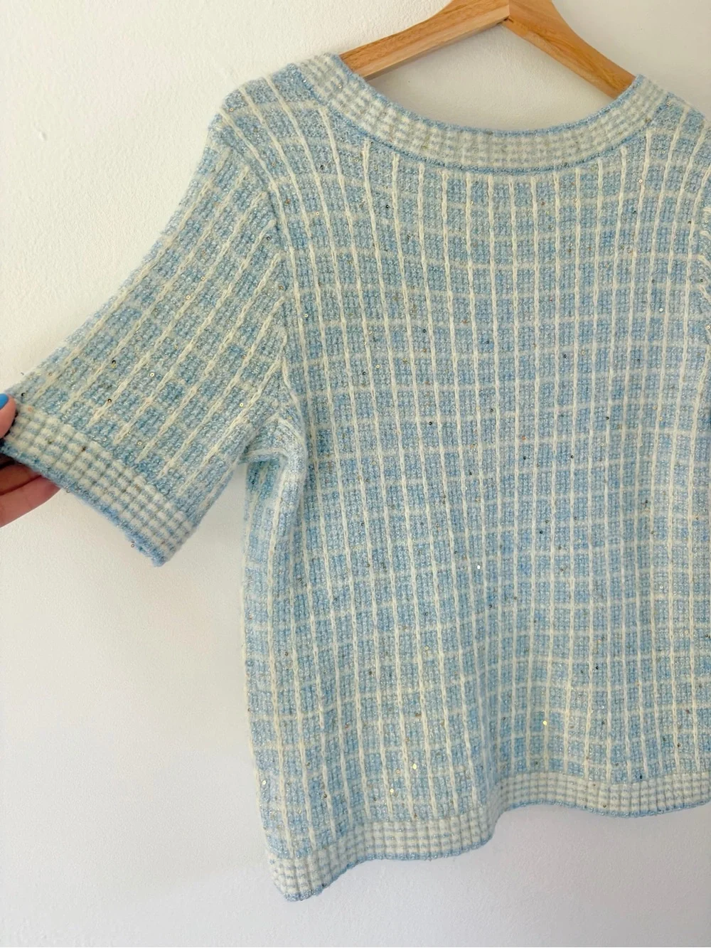 Talbots Blue Plaid SequiTalbots Light Blue & Cream Textured Short Sleeve Sweater
